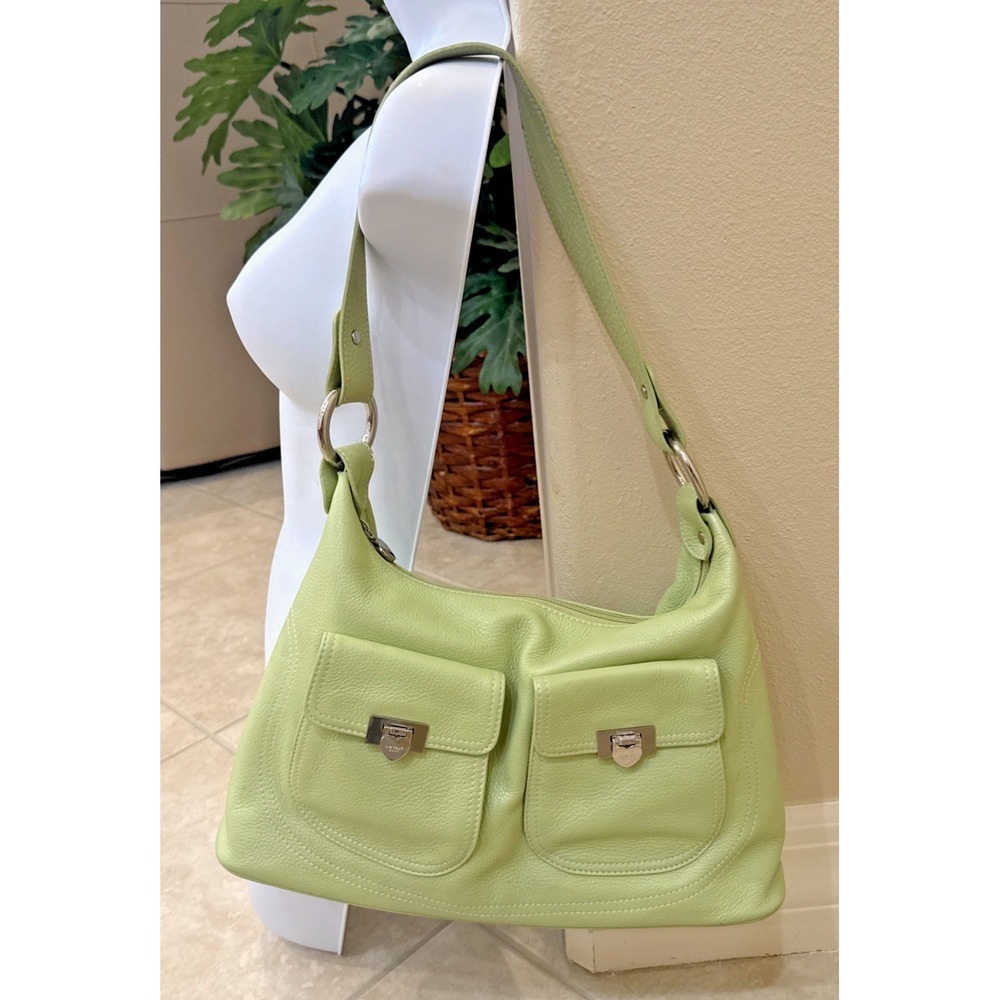 LOVECAT‎ PARIS Green Leather Shoulder Bag Purse Front Pockets Minimalist Preppy